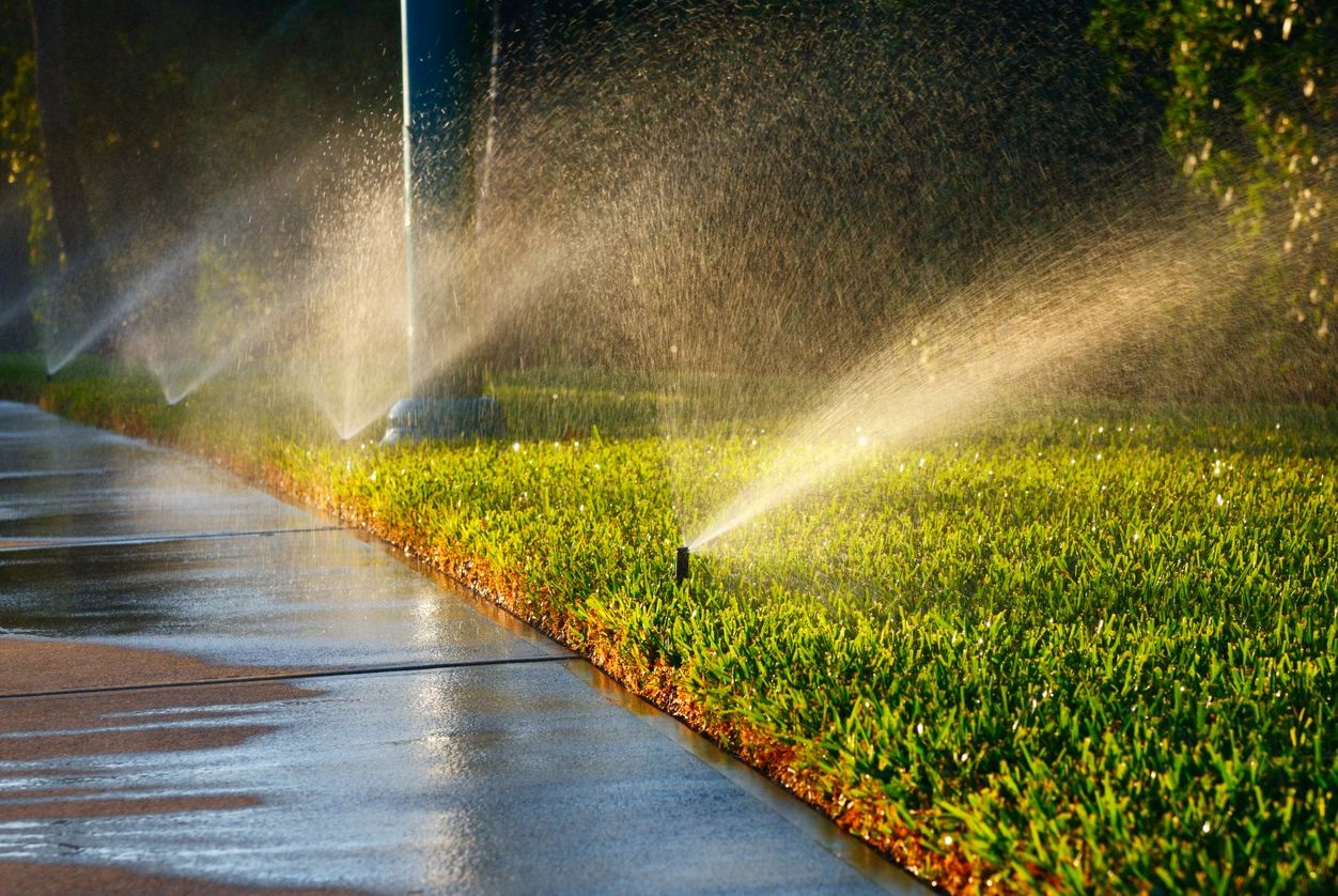 A couple of water sprinklers spraying on some grass.