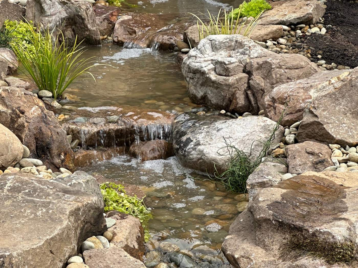 A stream of water flowing over rocks in the middle of a garden.