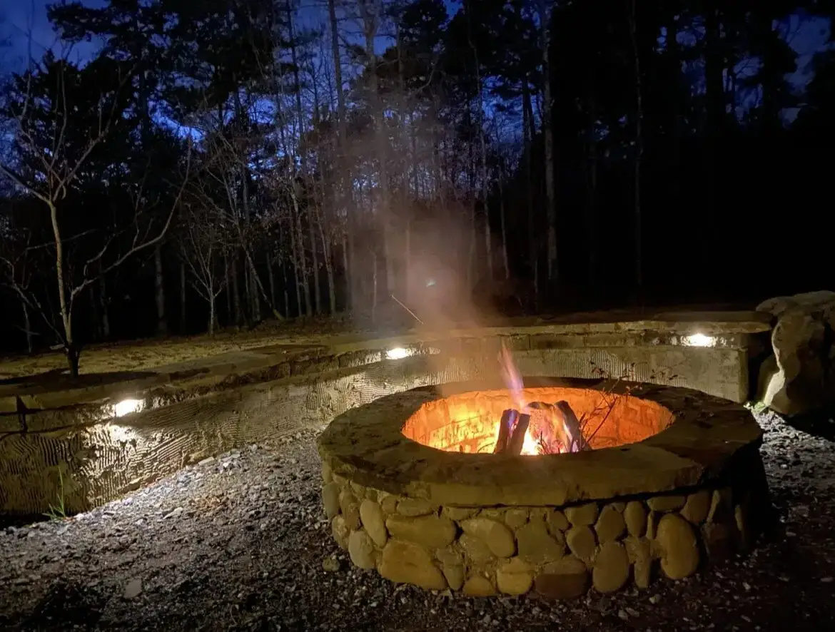 A fire pit in the middle of a forest.