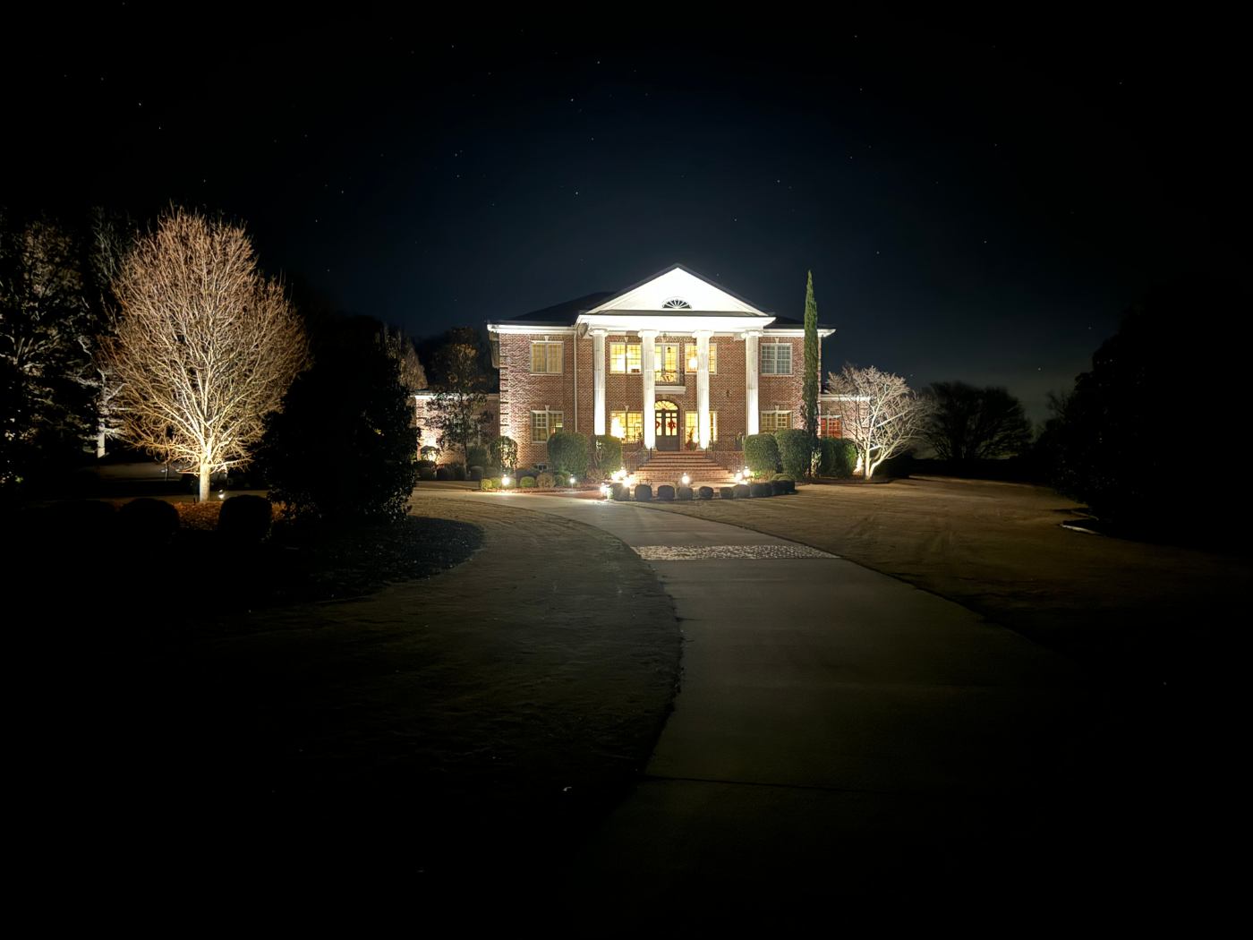 A large building with lights on the front of it.